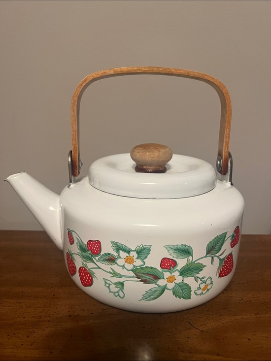 Other - Vintage White Strawberry Pattern Enamel Teapot with Wood Handle